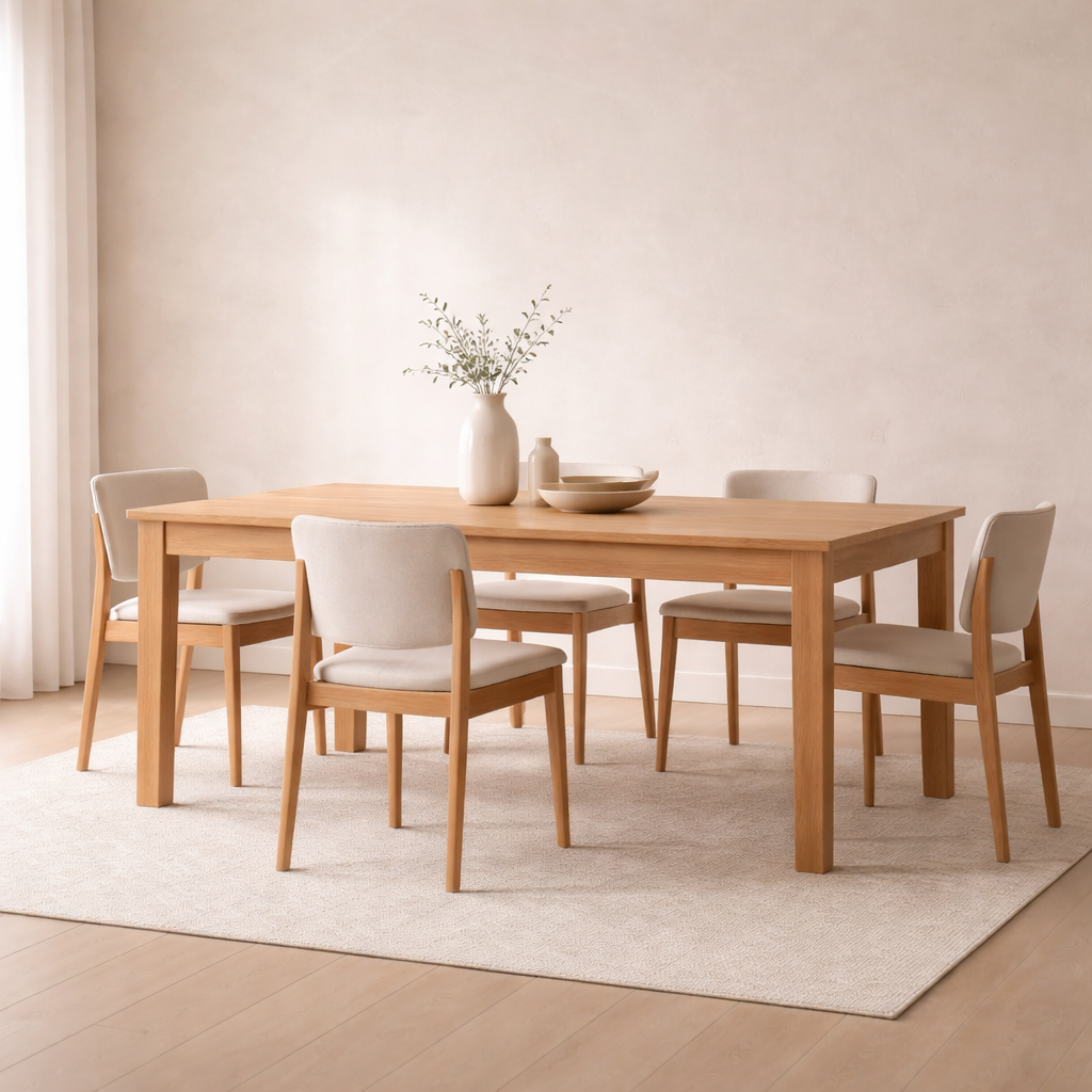 Wooden dining table with chairs in a room with light-colored walls and flooring.